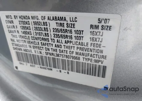 2007 Honda Odyssey Ex-L из США, поврежденный, VIN 5FNRL38757B079968